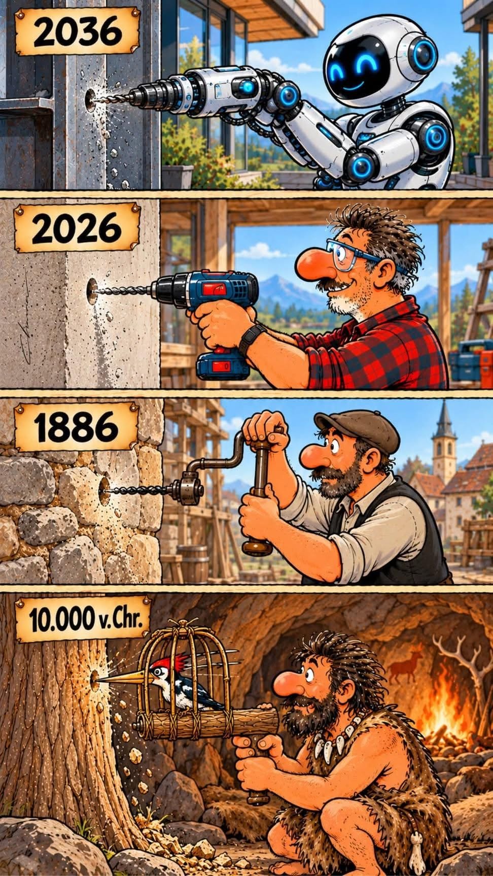Cum a evoluat găuritul peretelui: 10.000 î.Hr., 1886, 2026 și 2036