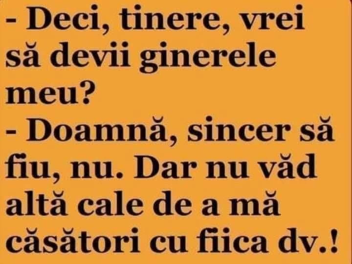Deci, tinere, vrei să devii ginerele meu? Doamnă, sincer să fiu, nu. Dar nu văd altă cale de a mă căsători cu fiica dumneavoastră!