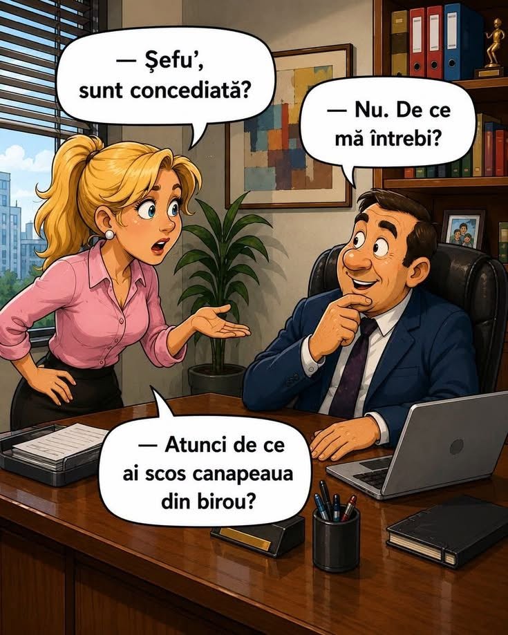 Șefu', sunt concediată? Nu. De ce mă întrebi? Atunci de ce ai scos canapeaua din birou?