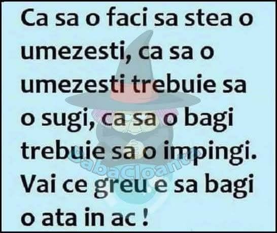Ca s-o faci să stea, o umezești; ca s-o umezești, trebuie s-o sugi; ca s-o bagi, trebuie s-o împingi. Vai, ce greu e să bagi ața în ac!