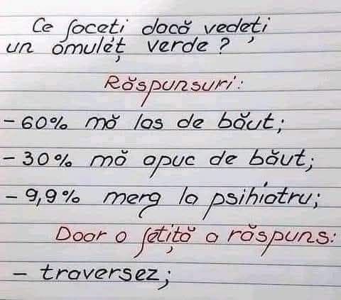 Ce faceți dacă vedeți un omuleț verde? 60%: mă las de băut; 30%: mă apuc de băut; 9,9%: merg la psihiatru. Doar o fetiță a răspuns: traversez