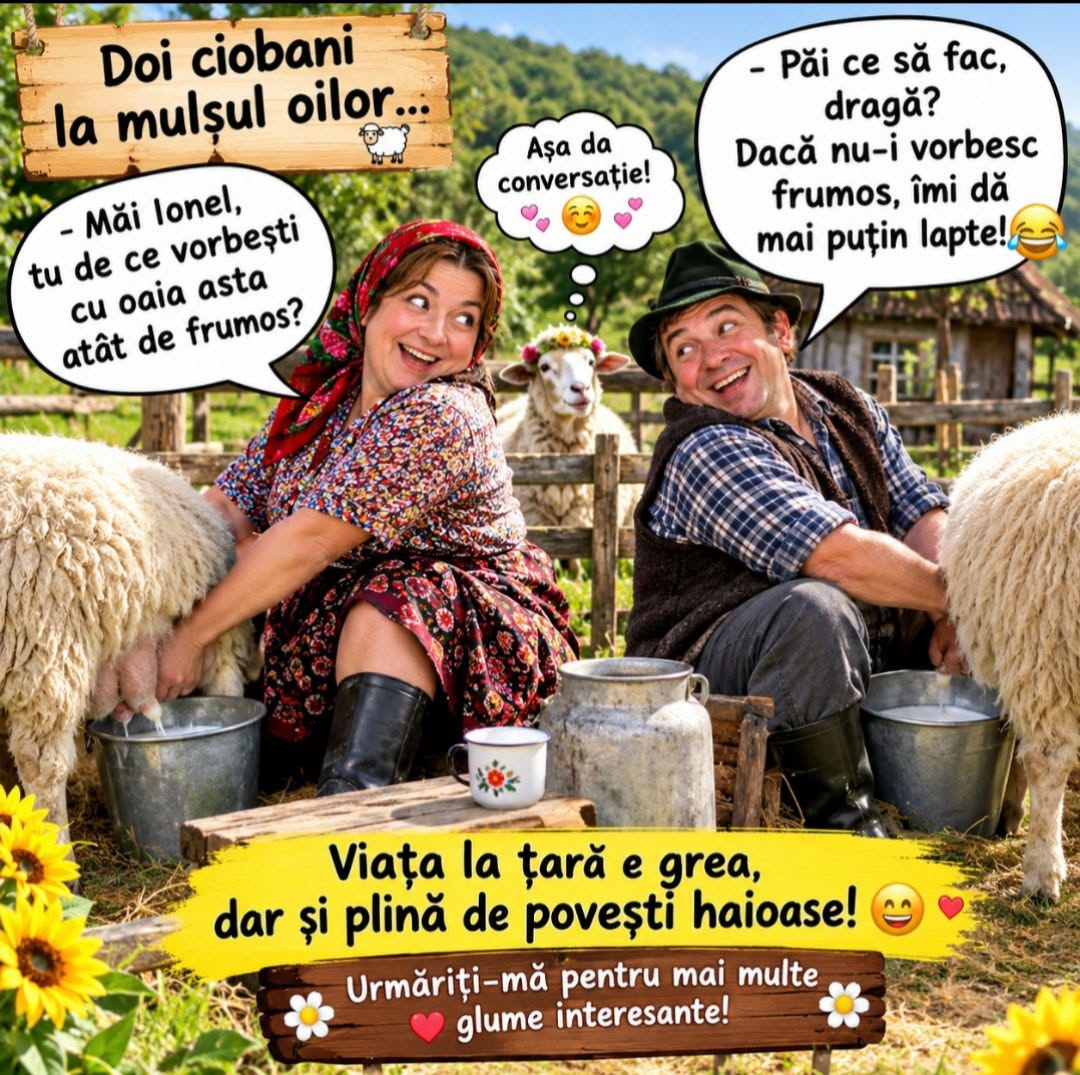 Doi ciobani la mulsul oilor: Măi Ionel, tu de ce vorbești cu oaia asta atât de frumos? Păi ce să fac, dragă? Dacă nu-i vorbesc frumos, îmi dă mai puțin lapte!