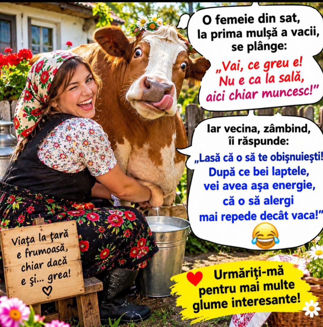 O femeie de la sat, la prima mulsă a vacii: Vai, ce greu e! Lasă că o să te obișnuiești! După ce bei laptele, vei avea așa energie, că o să alergi mai repede decât vaca!