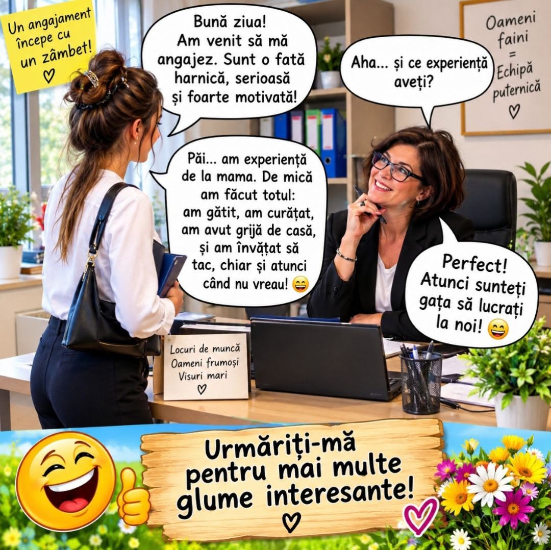 Am venit să mă angajez! Sunt harnică, serioasă și motivată! Ce experiență aveți? De mică am gătit, am curățat, am învățat să tac... Perfect! Sunteți gata să lucrați!