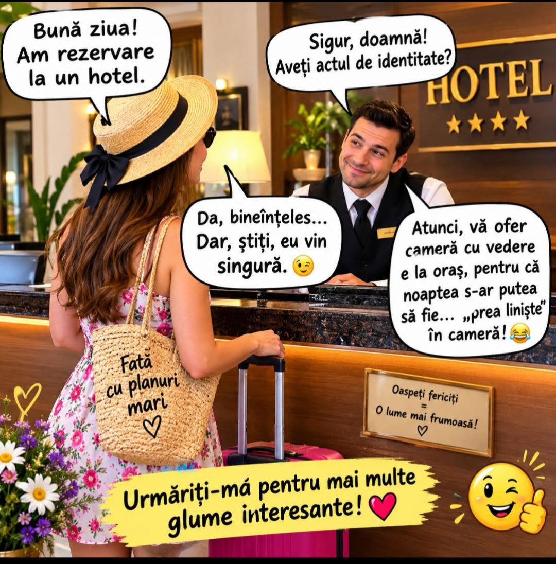 Bună ziua, am rezervare! Dar știți, eu vin singură. Atunci vă ofer cameră cu vedere la oraș, că noaptea s-ar putea să fie... prea liniște în cameră!