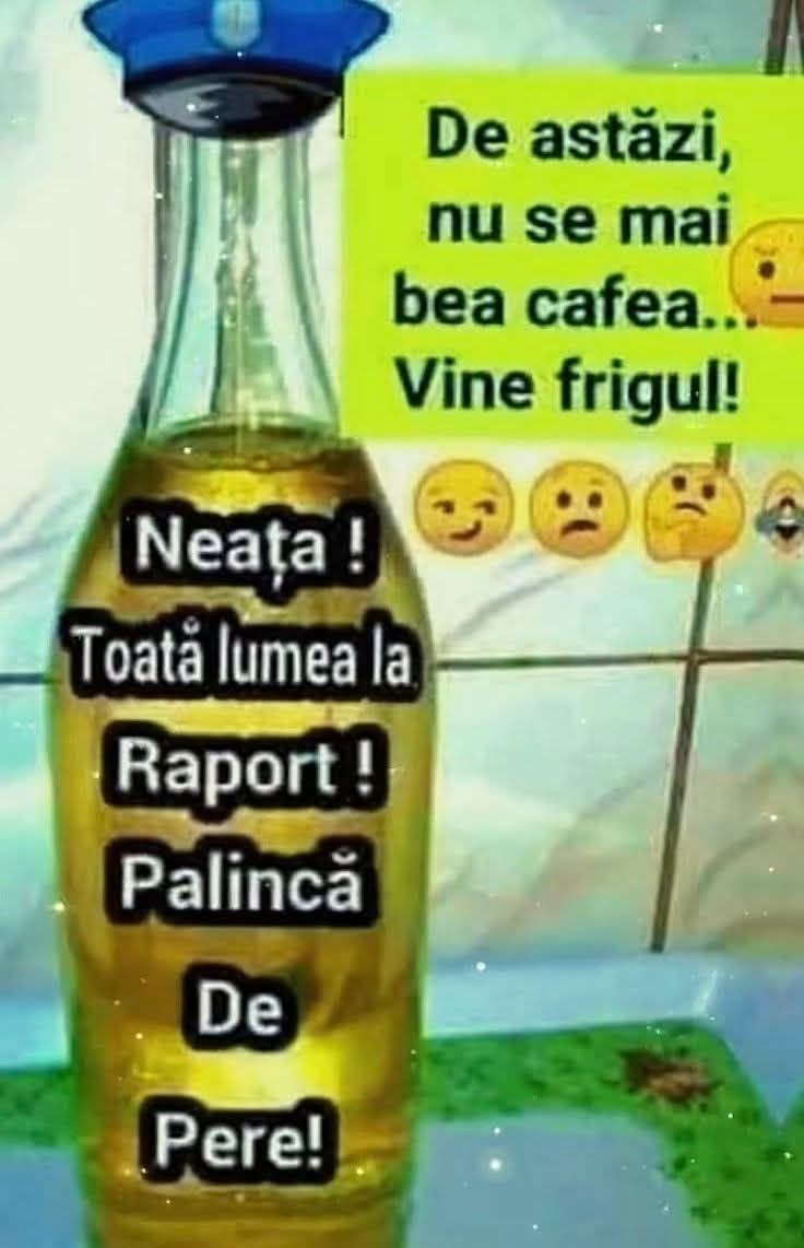 De astăzi nu se mai bea cafea, vine frigul! Neața! Toată lumea la raport: pălincă de pere!