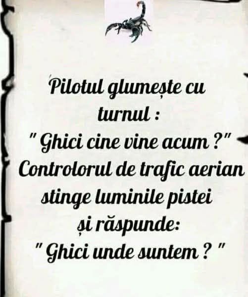 Pilotul glumește cu turnul: Ghici cine vine acum? Controlorul stinge luminile pistei și răspunde: Ghici unde suntem?