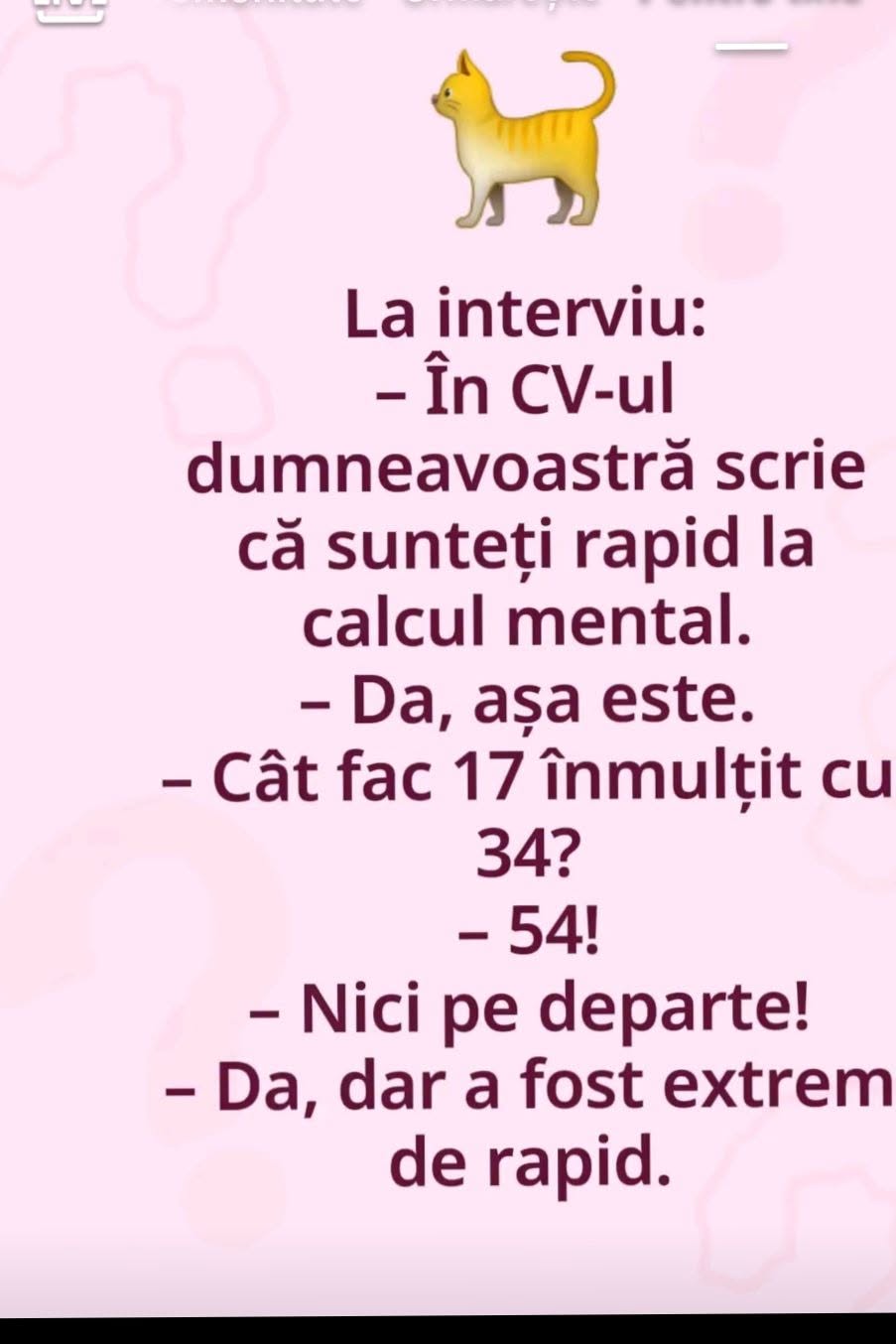 La interviu: În CV scrie că sunteți rapid la calcul mental. Cât fac 17 înmulțit cu 34? 54! Nici pe departe! Da, dar a fost extrem de rapid.