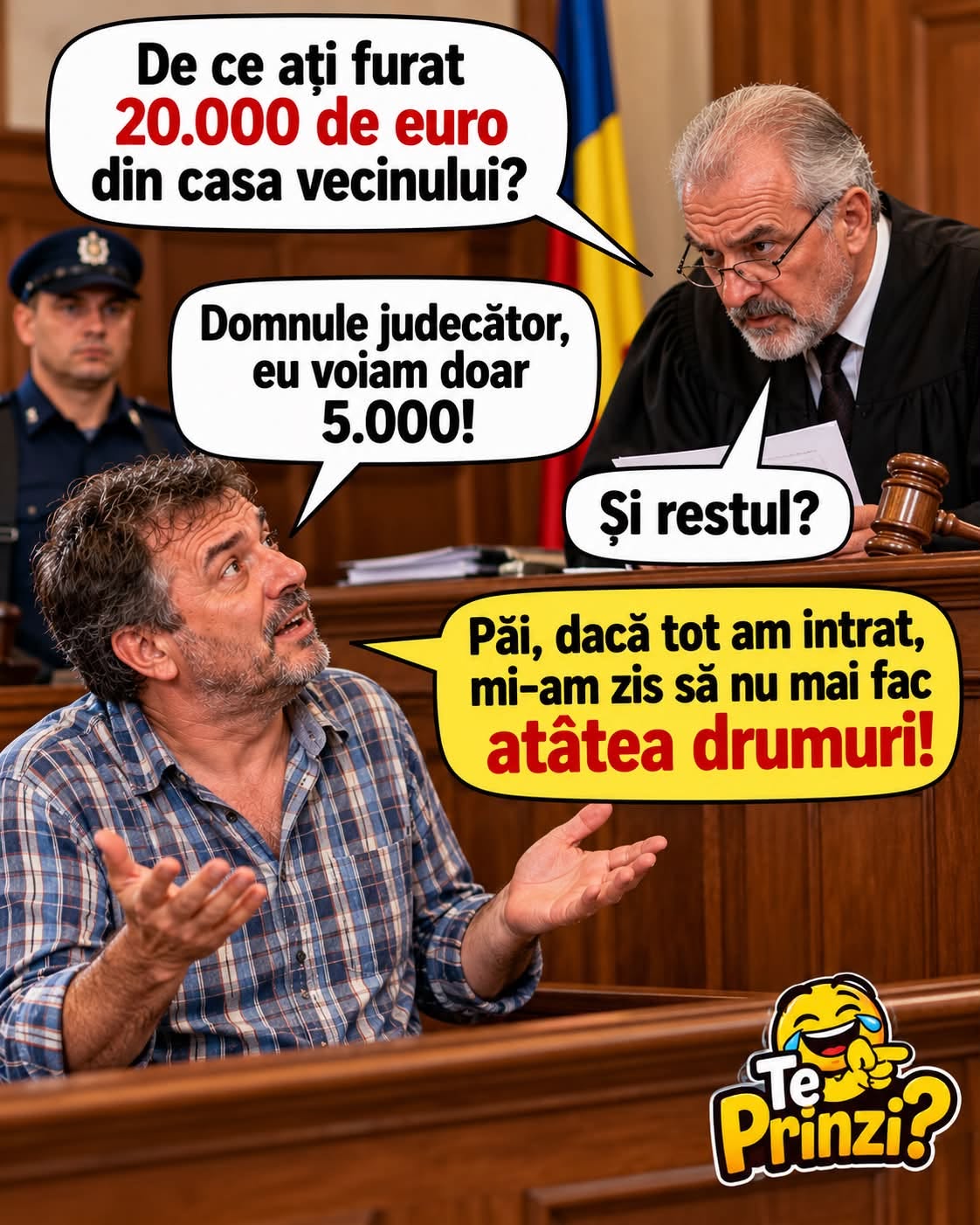 De ce ați furat 20.000 de euro din casa vecinului? Domnule judecător, eu voiam doar 5.000! Și restul? Păi, dacă tot am intrat, să nu mai fac atâtea drumuri!