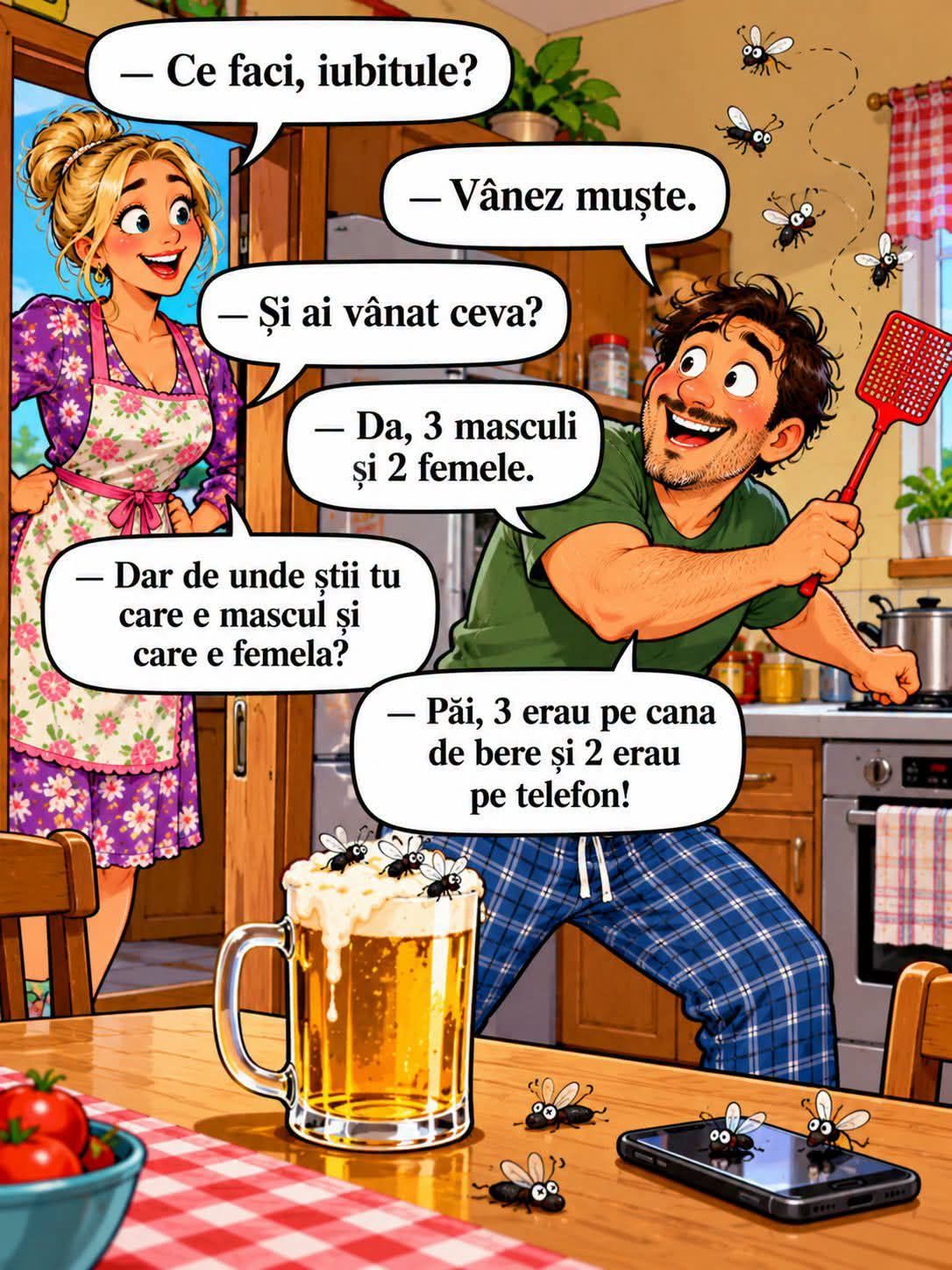 Ce faci, iubitule? Vânez muște. Și ai vânat ceva? Da, 3 masculi și 2 femele. De unde știi? Păi, 3 erau pe cana de bere și 2 erau pe telefon!