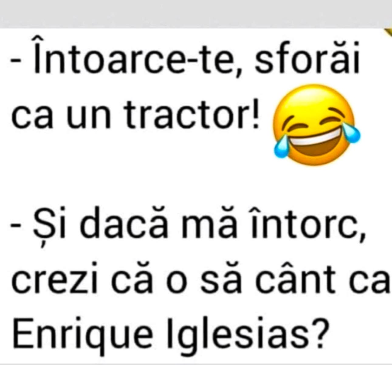 Întoarce-te, sforăi ca un tractor! Și dacă mă întorc, crezi că o să cânt ca Enrique Iglesias?