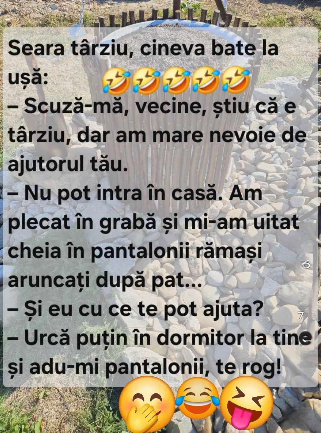 Seara târziu bate vecinul la ușă: Am plecat în grabă și mi-am uitat cheia în pantalonii rămași aruncați după pat... Urcă în dormitor la tine și adu-mi-i, te rog!