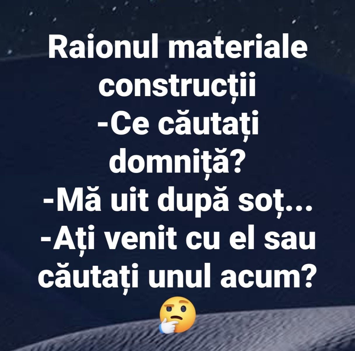 Raionul materiale construcții: Ce căutați, domniță? Mă uit după soț... Ați venit cu el sau căutați unul acum?