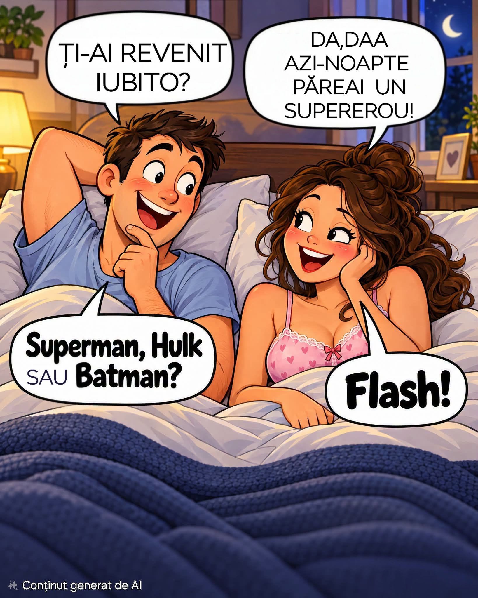 Ți-ai revenit, iubito? Da, azi-noapte păreai un supererou! Superman, Hulk sau Batman? Flash!