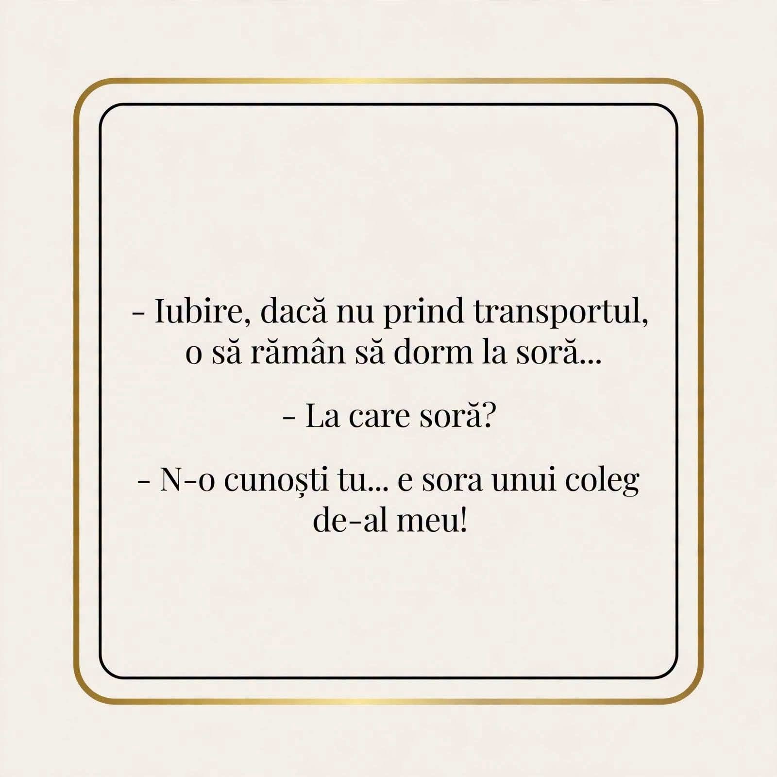 Iubire, dacă nu prind transport, rămân să dorm la soră. La care soră? N-o cunoști tu, e sora unui coleg de-al meu