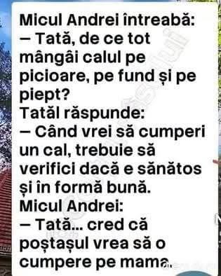 Micul Andrei: Tată, de ce mângâi calul pe picioare? Ca să verifici dacă e sănătos. Cred că poștașul vrea să o cumpere pe mama