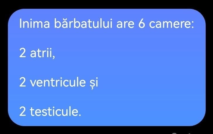 Inima bărbatului are 6 camere: 2 atrii, 2 ventricule și 2 testicule