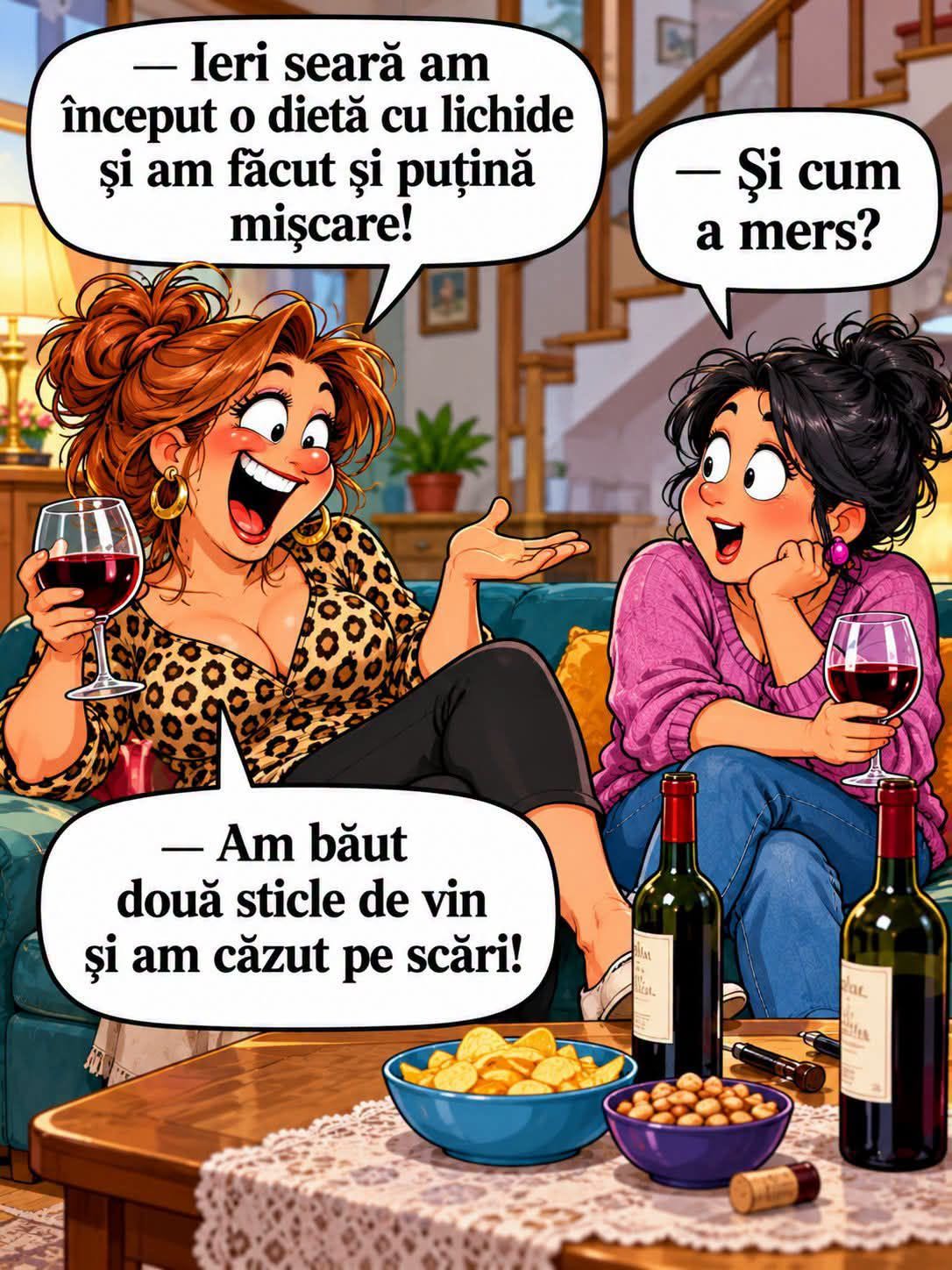 Ieri seară am început o dietă cu lichide și am făcut și puțină mișcare! Și cum a mers? Am băut două sticle de vin și am căzut pe scări!