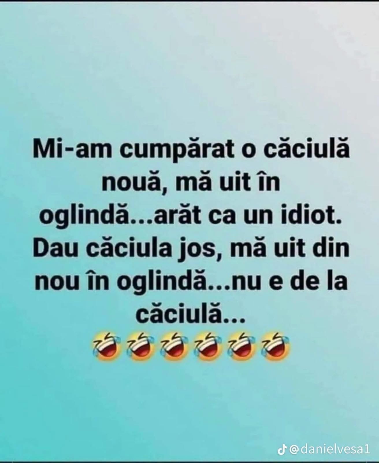 Mi-am cumpărat o căciulă nouă, mă uit în oglindă: arăt ca un idiot. Dau căciula jos, mă uit din nou: nu e de la căciulă