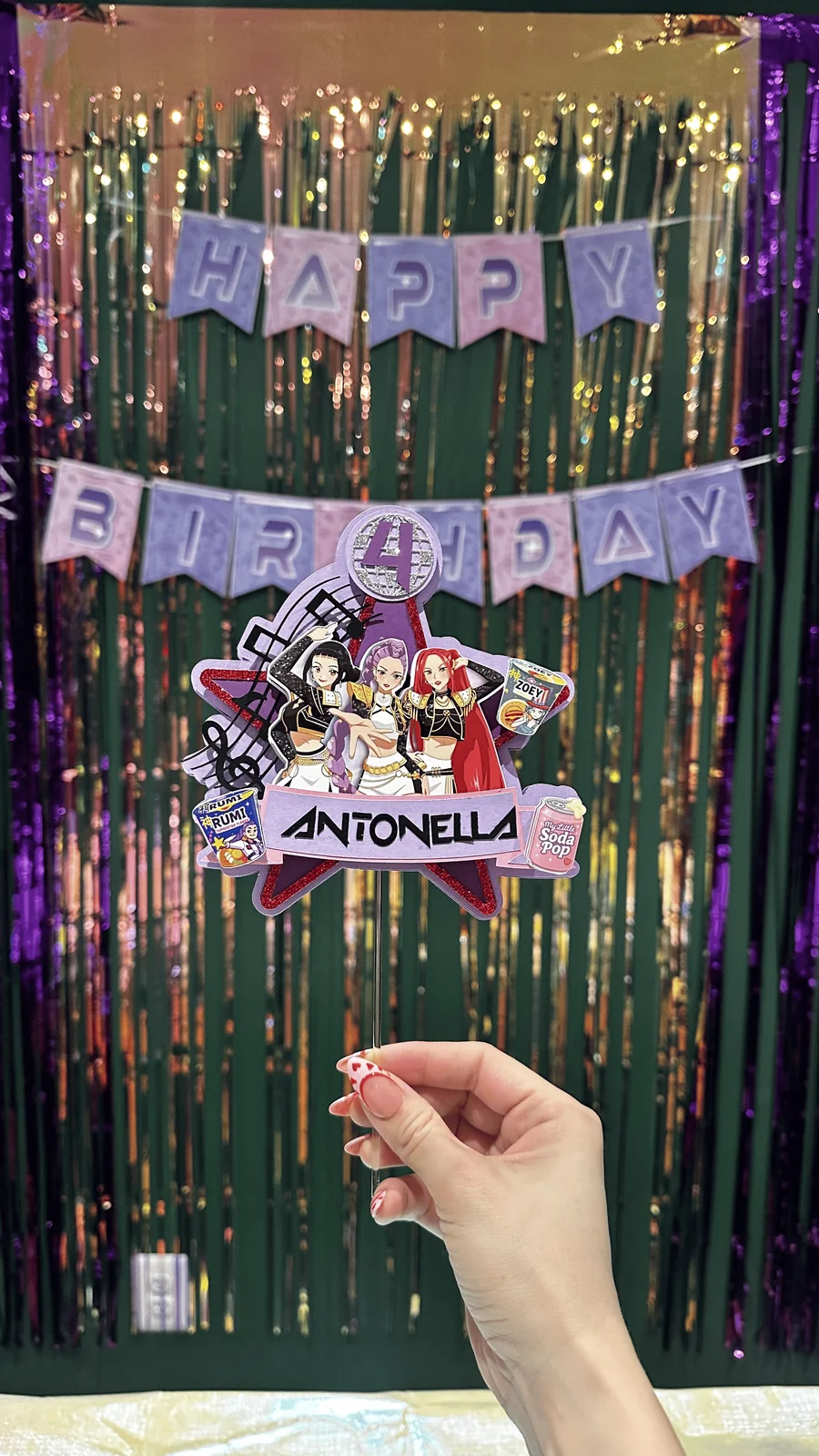 Custom pop star birthday cake topper with shimmer backdrop and Happy Birthday banner