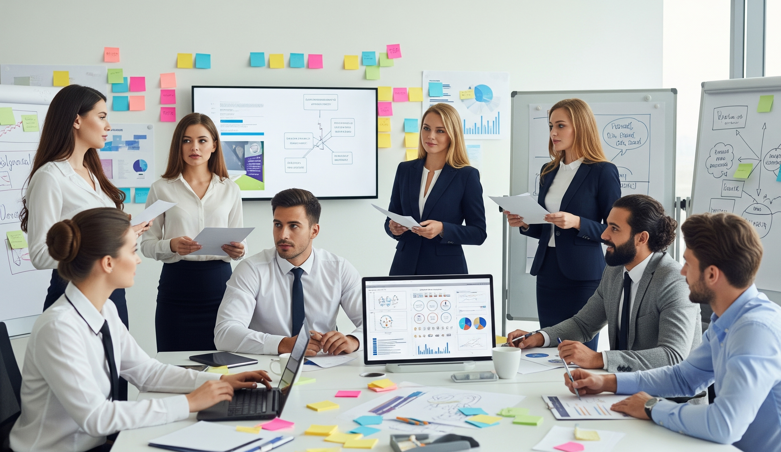 Diverse team collaborating on a project in a modern office