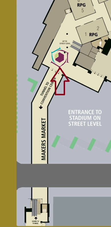 Map showing where in the Gen Con Maker's Market the Lore Link booth is located.