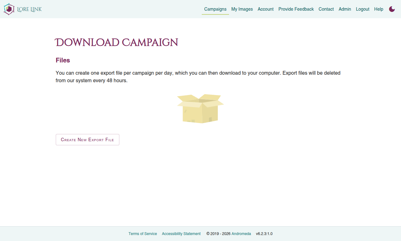 Screenshot of the Download Campaign screen showing no export files yet available but a button exists to Create New Export File