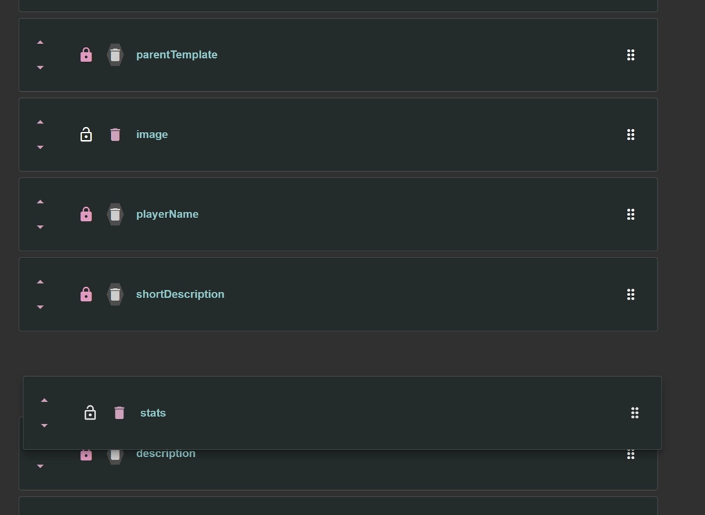A snip from Lore link, showing the feature of dragging info fields into different orders to customize your layout.