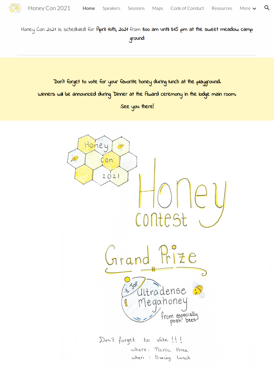 Screenshot of the Honey Con 2021 website featuring a Honey Contest and Grand Prize to be held at the Sweet Meadow Camp Ground. The website was created as part of a Honey Heist campaign.