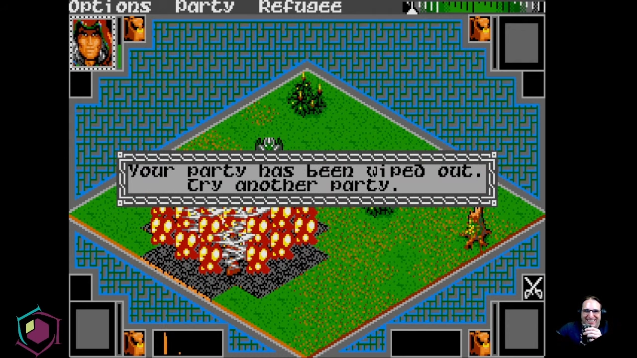 A screenshot from an OLD PC game, showing a group of people on fire, and over it says "Your party has been wiped out. Try another party." while Mark is laughing in the lower right corner.