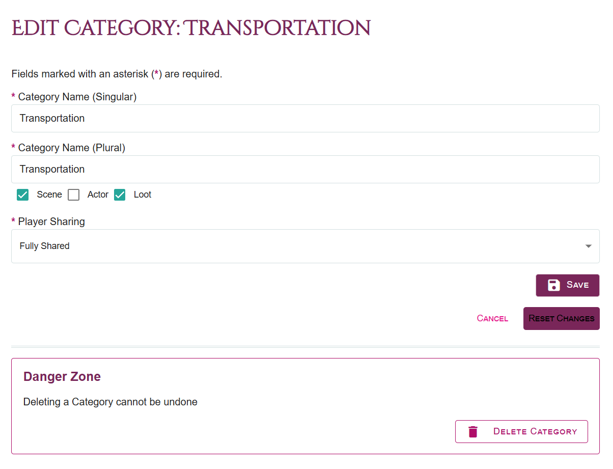 A screenshot from the Lore Link application, showing the user how they can define Categories. The first two fields are Category Name (Singular) and Category Name (Plural), which both state Transportation. Beneath that are a series of three checkboxes named Scene, Actor, and Loot.  Beneath that is a Player Sharing field, currently set to Not Shared