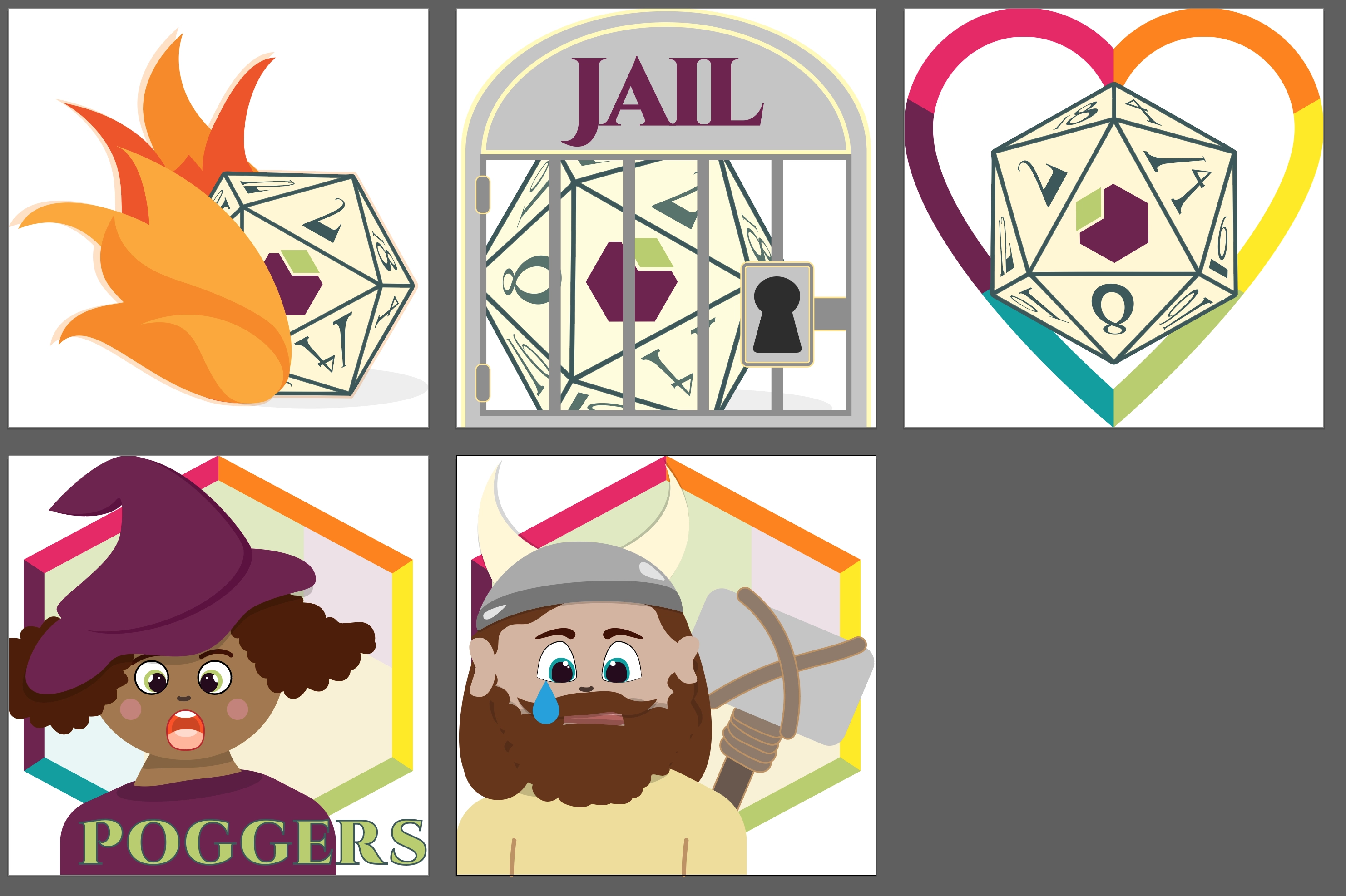 Emotes for Lore Link's Twitch stream, including a d20 on fire, a d20 in jail, a d20 surrounded by a rainbow heart, a wizard saying POGGERS, and a crying barbarian.