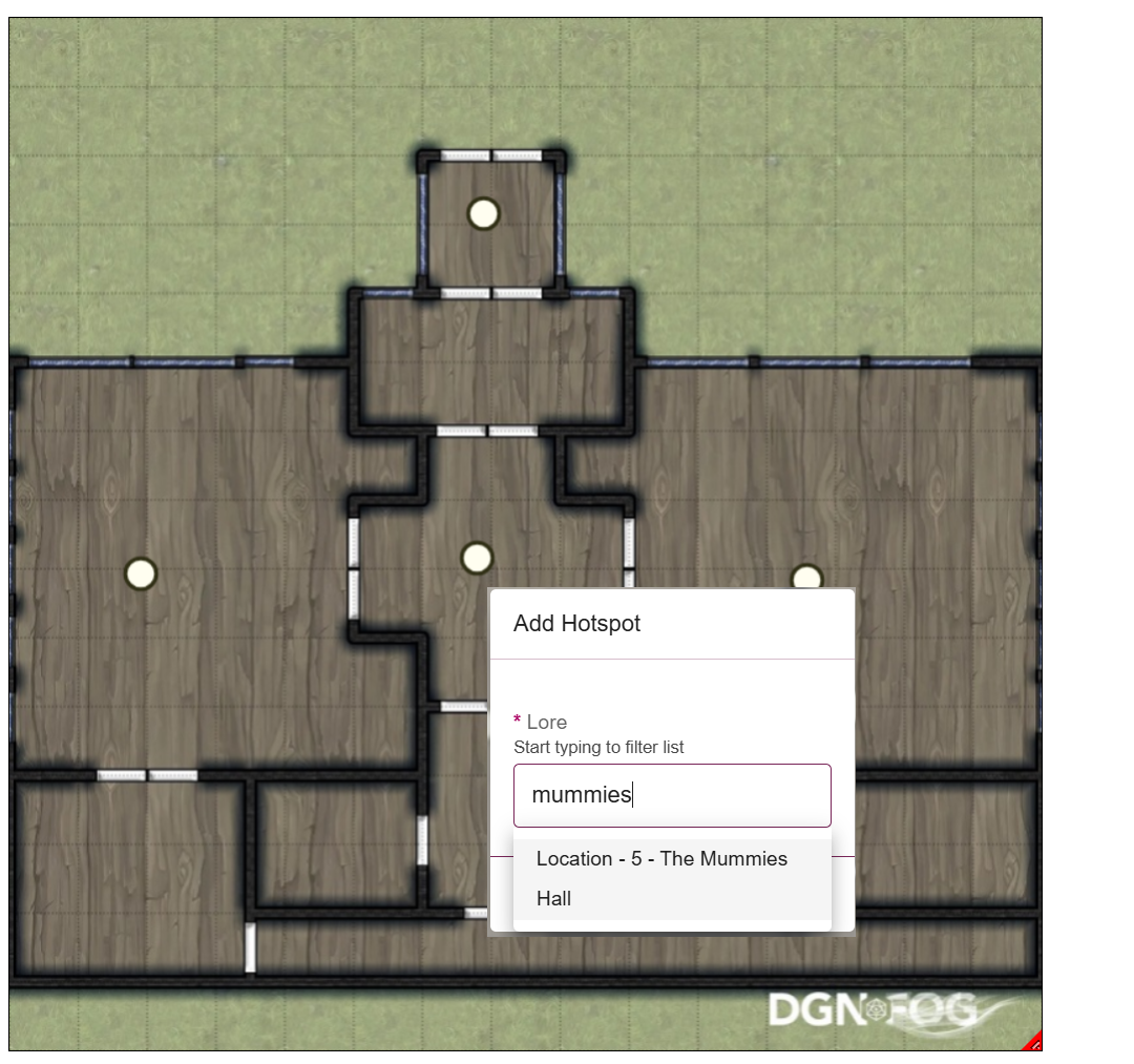 Map of a location showing the hotspot edit view where multiple hotspots have been added to rooms on a map and a new hotspot is being added. The new hotspot is being associated with lore using a filter by name.