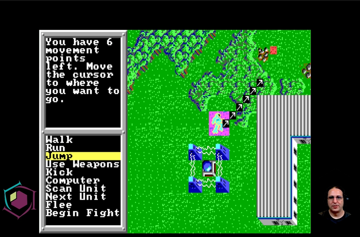 Mark D.C. plays through the strategy video game BattleTech: The Crescent Hawk's Inception. He is plotting movement for his mech through a forest.
Yes, I know the title of the file is Mechwarrior. We played that first. Good eye!