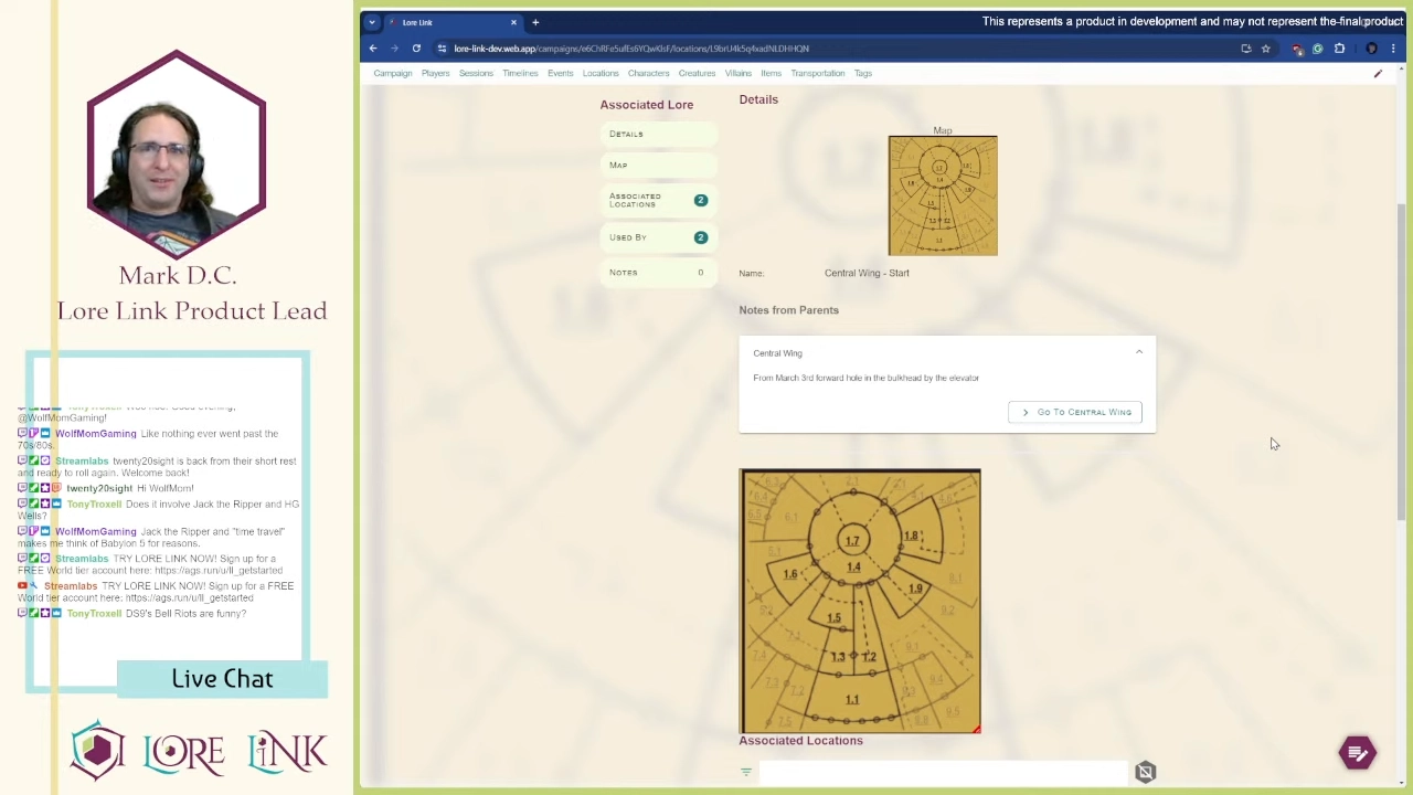 A still from the Twitch stream where Mark was showing how to use Lore Link with Mothership. It shows the Notes from Parents feature.