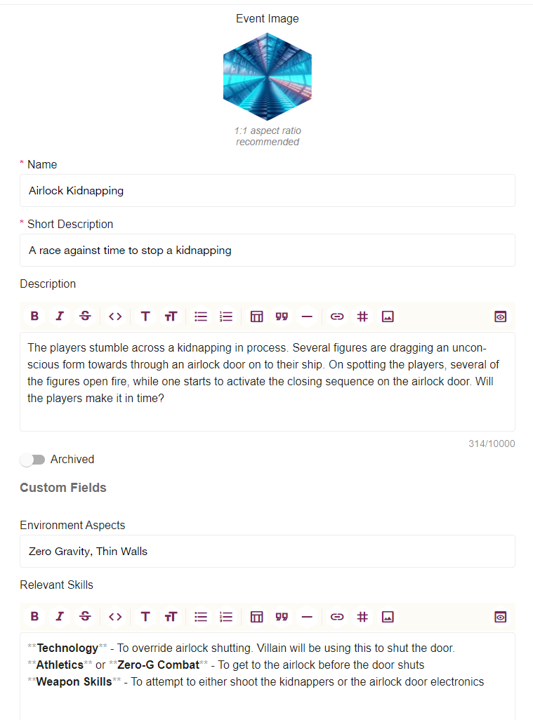 Custom Fields A screen cap showing custom fields that can be made, like Environment Aspects or Relevant Skills, in addition to the standard name, short description, description.