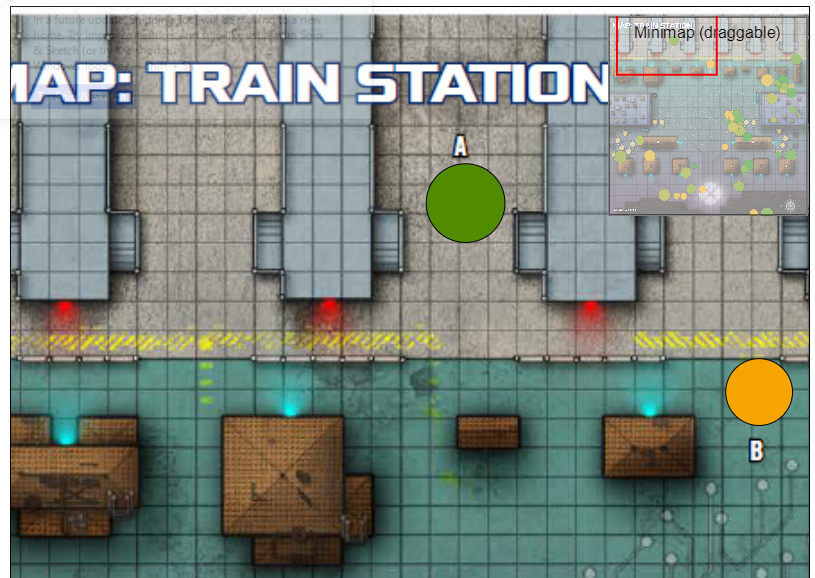 An image of part of a map from the Great Grav Train Robbery Starfinder adventure is shown. Two hot spots represented by circles are shown near points marked A & B on the map.