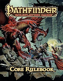 Pathfinder 1st edition core rulebook cover showing a red dragon in a ruined castle under attack from a sorcerer and barbarian.