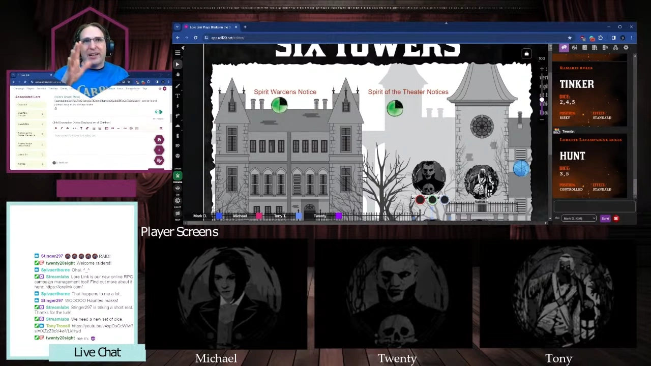 Capture of a Twitch stream screen, with Mark in the upper left corner gesturing as he lays out the action happening in the game.