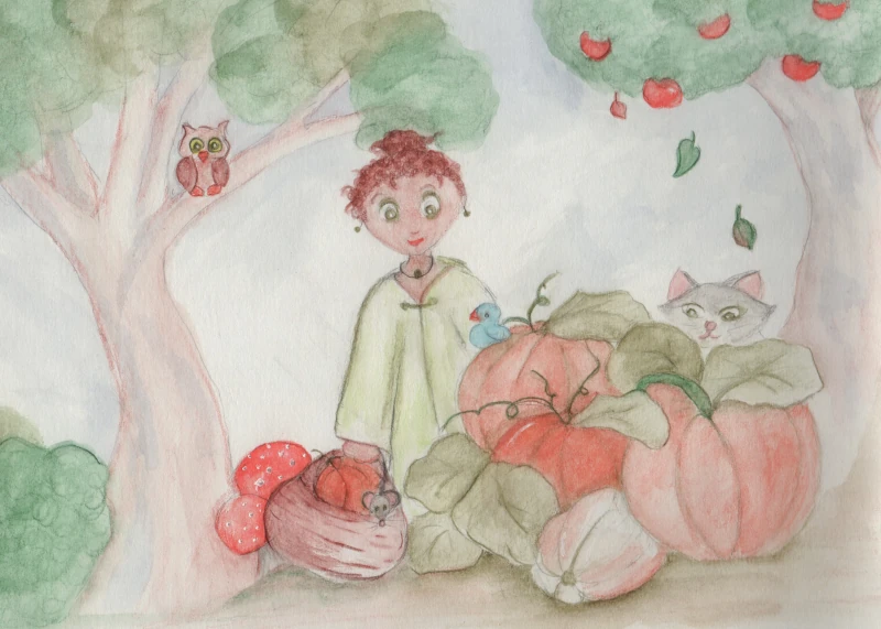 Photo is artwork of Darcy the Druid looking at pumpkins growing on their vines. She's holding a basket that holds her bounty thus far, and she's surrounded by woodland creatures.