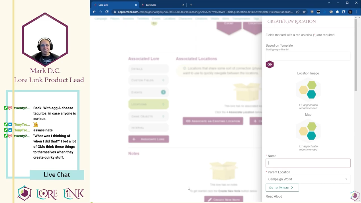 An image from a live stream of Mark using Lore Link to create a new location in the Lore Link Application
