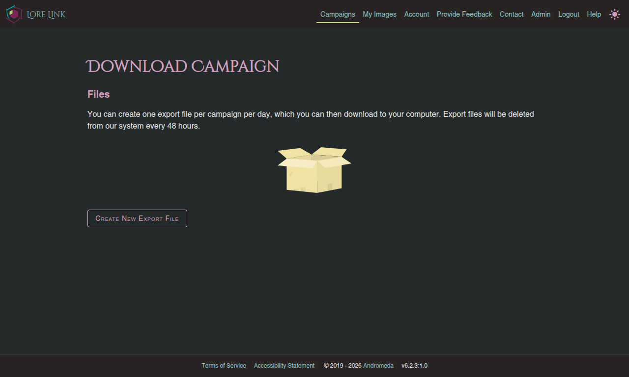 Screenshot of the Download Campaign screen showing no export files yet available but a button exists to Create New Export File