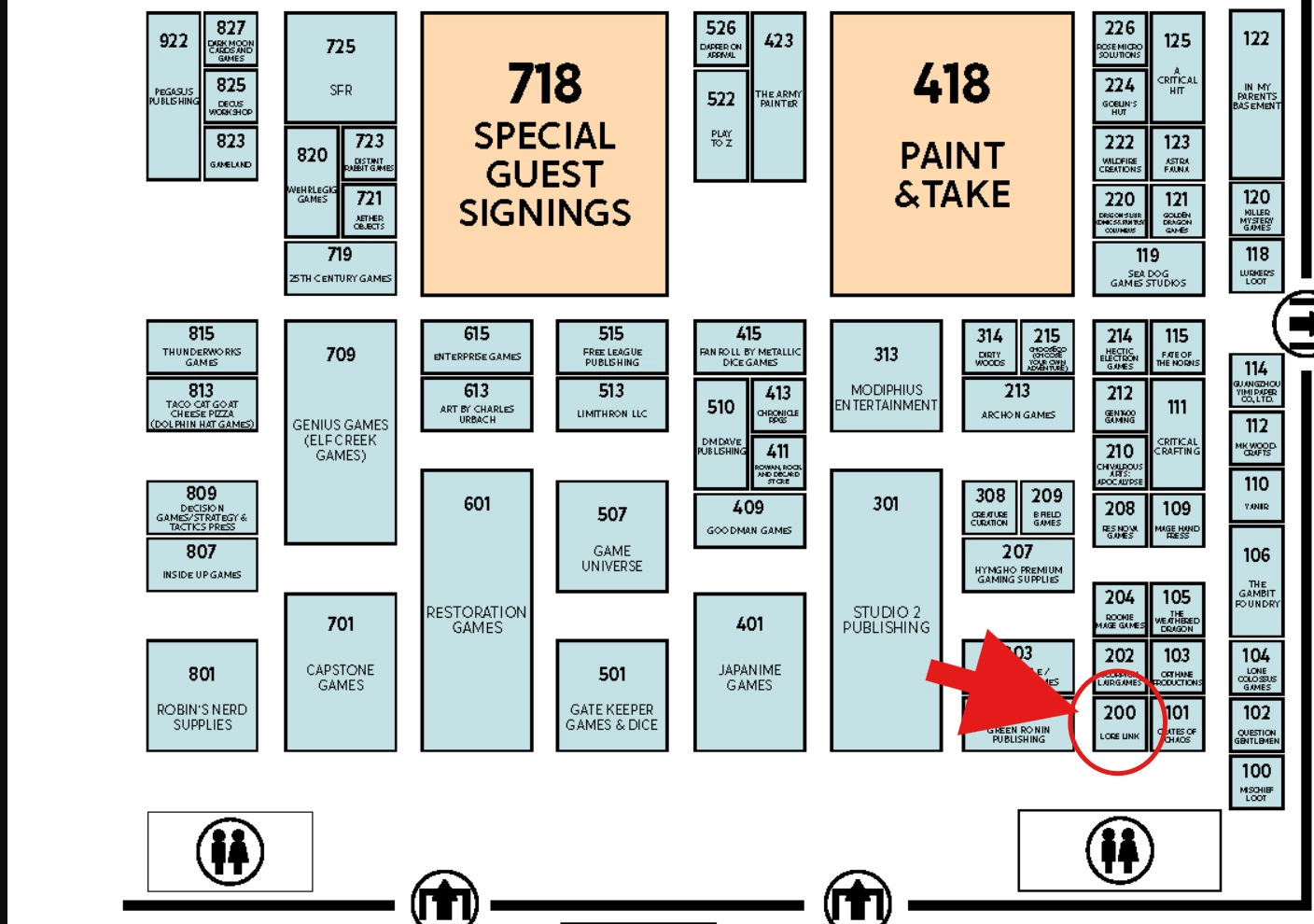 A map of the 2025 Origins Exhibit Hall, showing the bottom right corner by the doors, with Lore Link Booth 200 circled with an arrow pointing towards it.