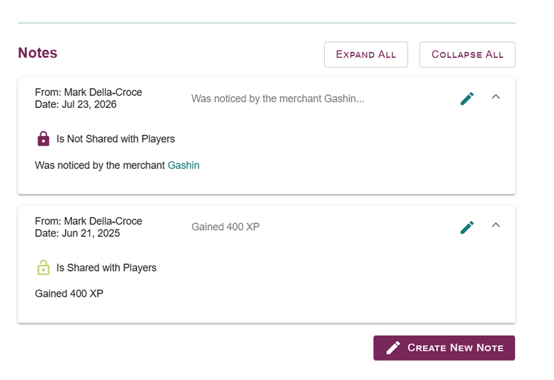 Showing multiple notes attached to Lore. Each note shows the person who created it, the date it was created, a preview of the note text, and its player sharing status.