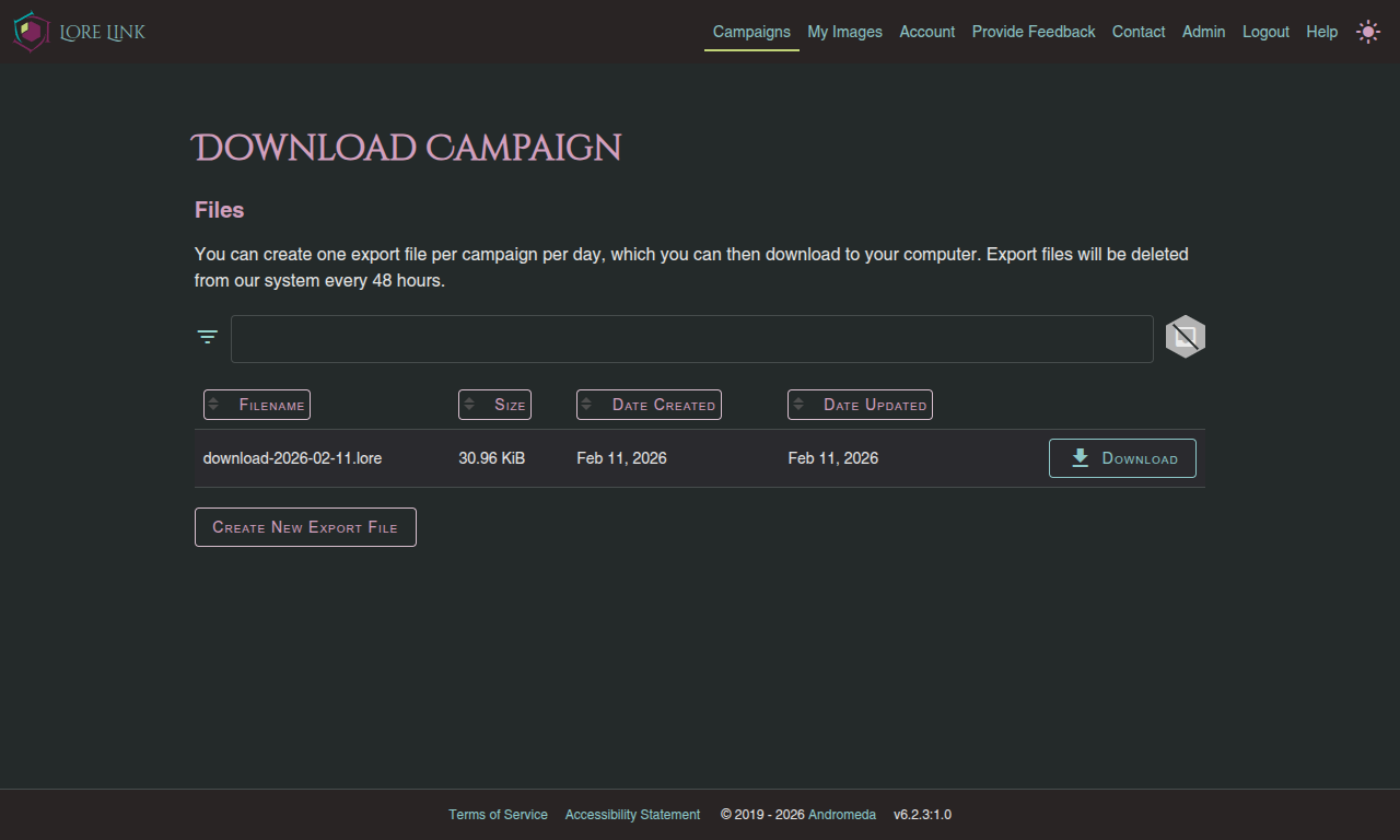 Screenshot of the Download Campaign screen showing an export file available for download.