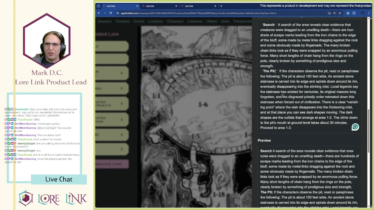 A capture from the Lore Link Twitch stream, showing the action of putting information into the system while using the new Dark Mode.