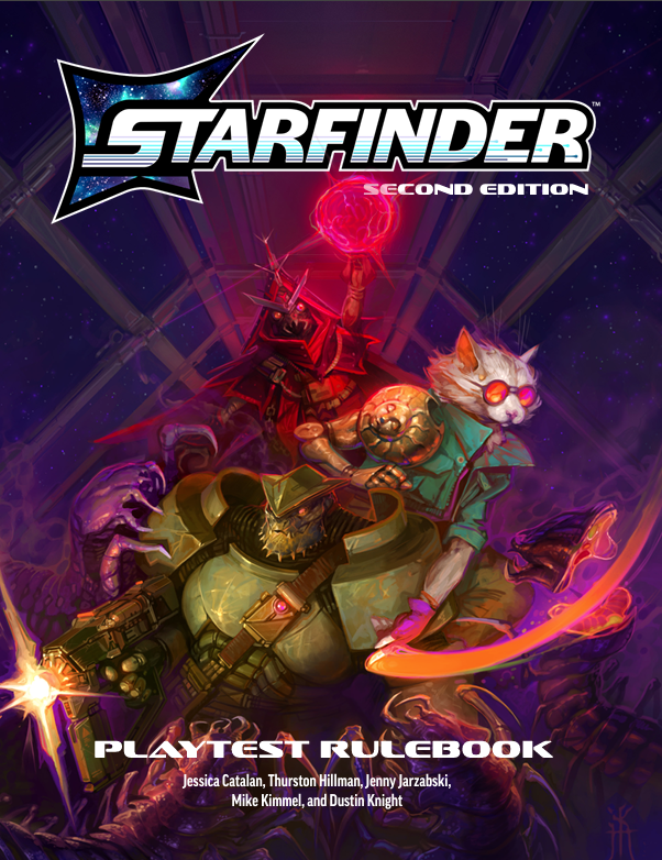 The cover to the Starfinder Second Edition Playtest Rulebook, by Jessica Catalan, Thursdton Hillman, Jenny Jarzabski, Mike Kimmel, and Dustin Knight. The space background is in blues and purples, and there is a group of adventurers fighting a group of giant centipedes. 