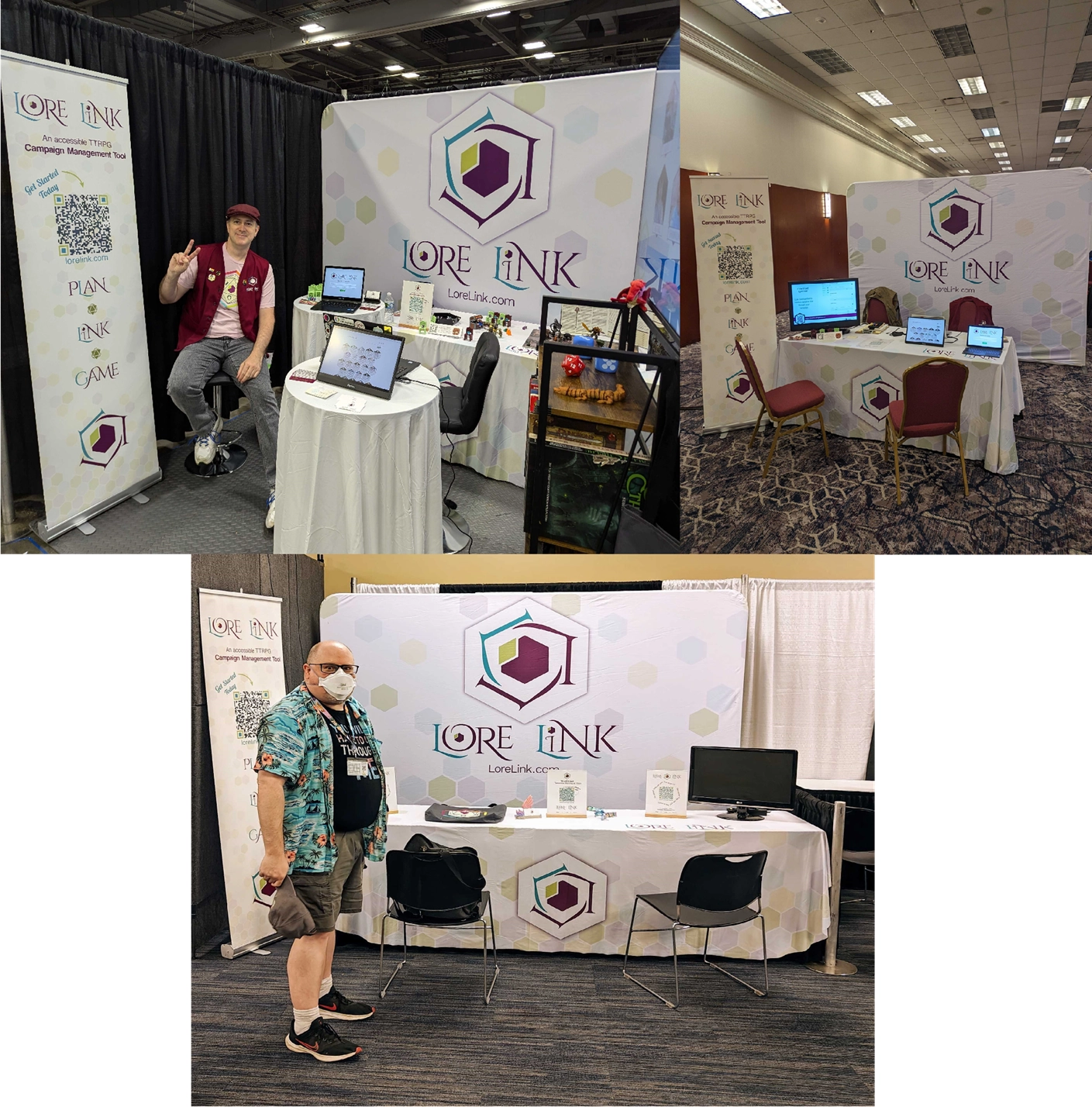 Three different Lore Link booths from Origins, Who's Yer Con, and Gen Con. They show the different arrangements of chairs, tables, displays, and banners needed for each show.