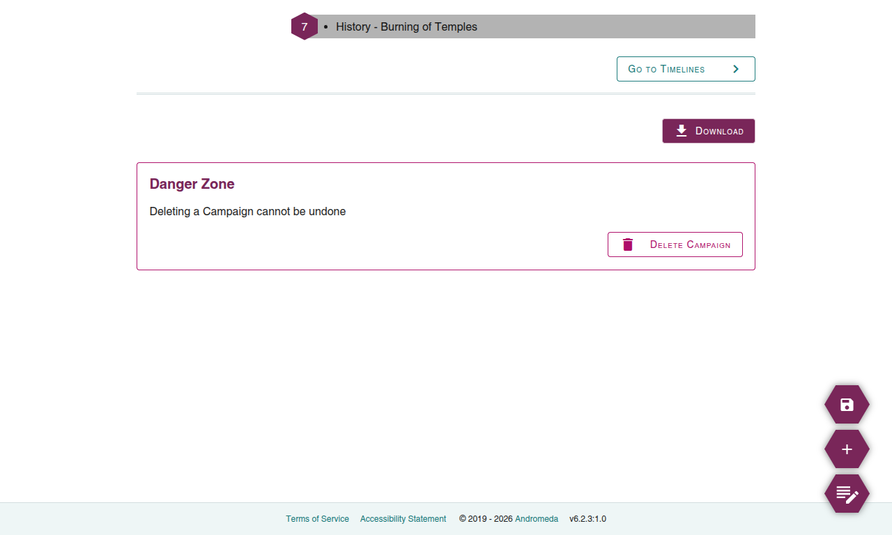 Screenshot of the Campaign Detail page in Edit mode, screen scrolled all the way to the bottom, to show a Download button just above the Danger Zone.