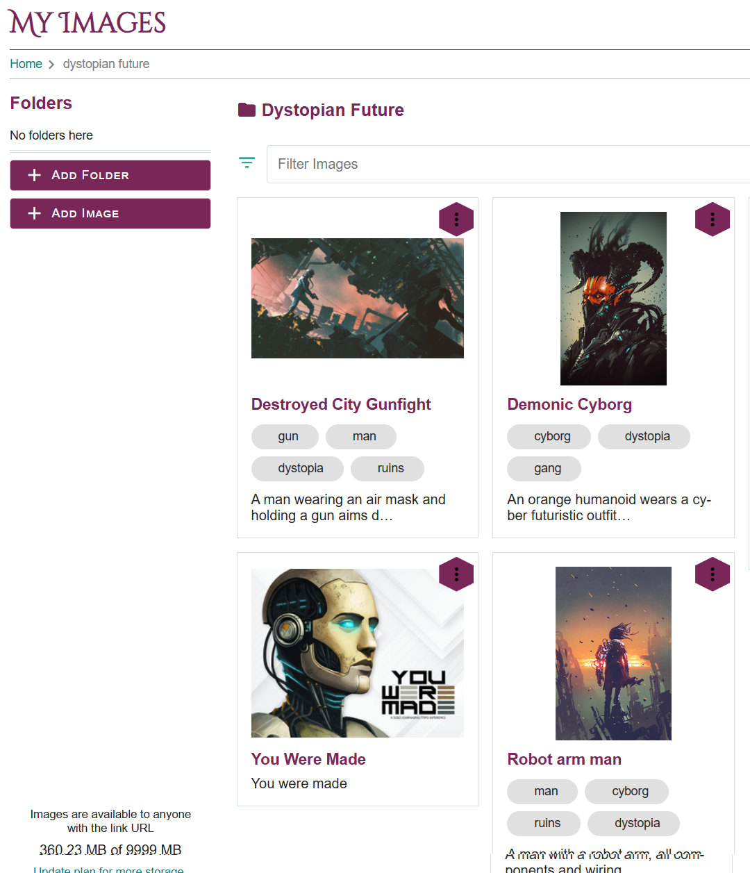 Image Library showing a number of images in a folder along with their name, description, identifying tags, and thumbnail.